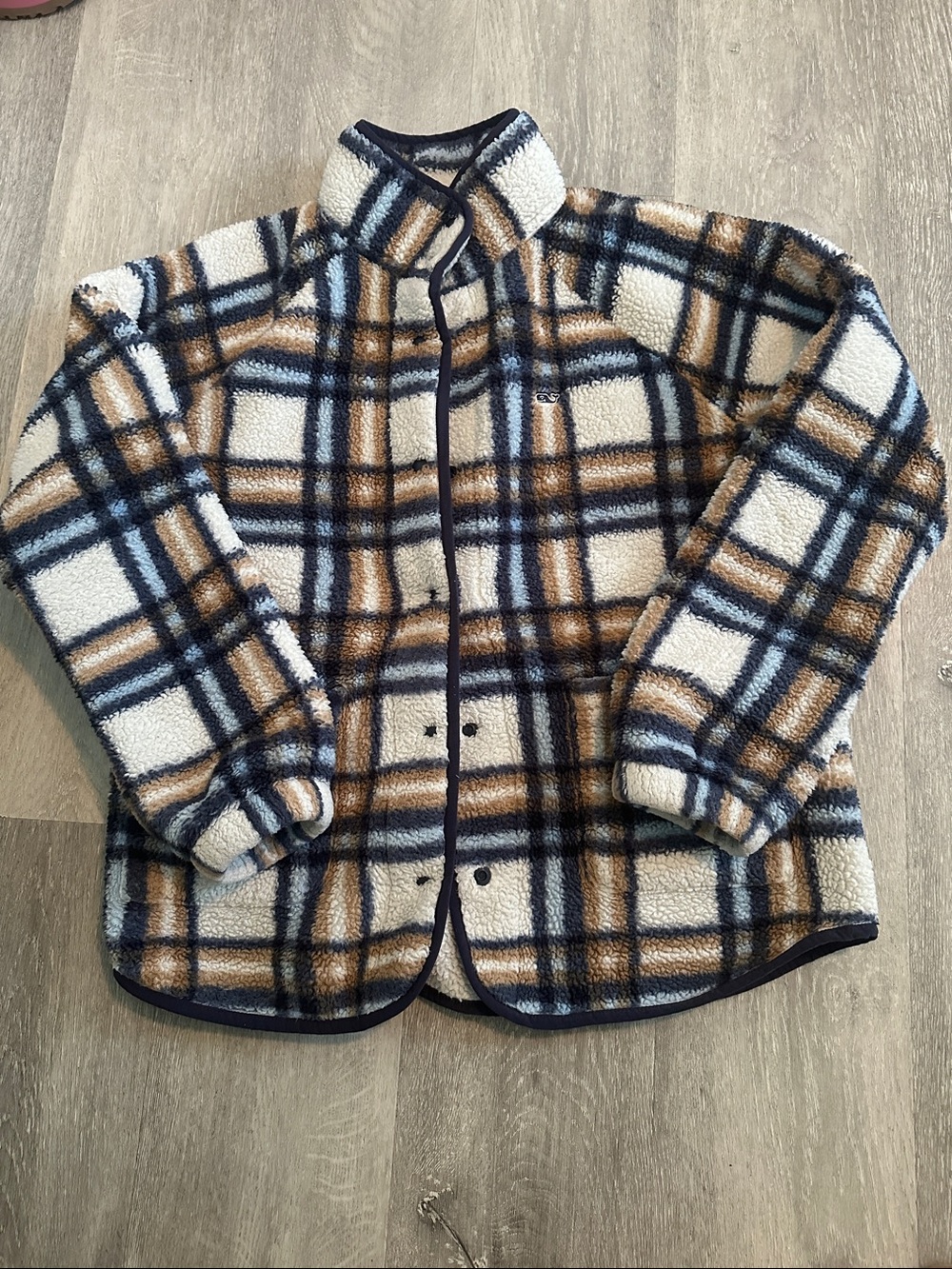 Vineyard Vines  Plaid Sherpa Jacket - Navy, Brown & White size medium